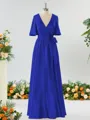 A-line Striking V-neck Short Sleeves Silk Like Satin Bridesmaid Dress With Sash