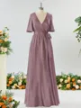 A-line Striking V-neck Short Sleeves Silk Like Satin Bridesmaid Dress With Sash