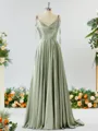 A-line Spaghetti Straps Extravagant Silk Like Satin Prom Dress Bridesmaid Dress With Slit Ruffles