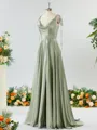 A-line Spaghetti Straps Extravagant Silk Like Satin Prom Dress Bridesmaid Dress With Slit Ruffles