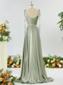 A-line Spaghetti Straps Extravagant Silk Like Satin Prom Dress Bridesmaid Dress With Slit Ruffles