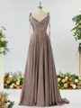 A-line Spaghetti Straps Extravagant Silk Like Satin Prom Dress Bridesmaid Dress With Slit Ruffles