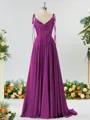 A-line Spaghetti Straps Extravagant Silk Like Satin Prom Dress Bridesmaid Dress With Slit Ruffles