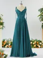 A-line Spaghetti Straps Extravagant Silk Like Satin Prom Dress Bridesmaid Dress With Slit Ruffles
