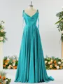 A-line Spaghetti Straps Extravagant Silk Like Satin Prom Dress Bridesmaid Dress With Slit Ruffles