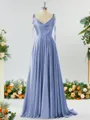 A-line Spaghetti Straps Extravagant Silk Like Satin Prom Dress Bridesmaid Dress With Slit Ruffles