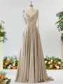 A-line Spaghetti Straps Extravagant Silk Like Satin Prom Dress Bridesmaid Dress With Slit Ruffles