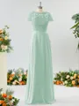 A-line Scoop Fashion-forward Short Sleeves Chiffon Bridesmaid Dress With Appliques Lace