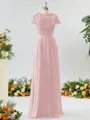 A-line Scoop Fashion-forward Short Sleeves Chiffon Bridesmaid Dress With Appliques Lace