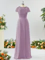 A-line Scoop Fashion-forward Short Sleeves Chiffon Bridesmaid Dress With Appliques Lace