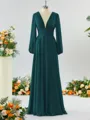 Unique A-line V-neck Long Sleeves Chiffon Bridesmaid Dress With Ruffles