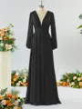 Unique A-line V-neck Long Sleeves Chiffon Bridesmaid Dress With Ruffles