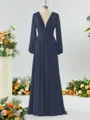 Unique A-line V-neck Long Sleeves Chiffon Bridesmaid Dress With Ruffles