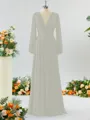 Unique A-line V-neck Long Sleeves Chiffon Bridesmaid Dress With Ruffles