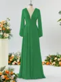 Unique A-line V-neck Long Sleeves Chiffon Bridesmaid Dress With Ruffles