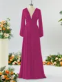 Unique A-line V-neck Long Sleeves Chiffon Bridesmaid Dress With Ruffles