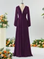 Unique A-line V-neck Long Sleeves Chiffon Bridesmaid Dress With Ruffles