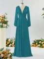 Unique A-line V-neck Long Sleeves Chiffon Bridesmaid Dress With Ruffles