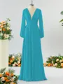 Unique A-line V-neck Long Sleeves Chiffon Bridesmaid Dress With Ruffles