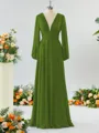Unique A-line V-neck Long Sleeves Chiffon Bridesmaid Dress With Ruffles