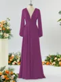 Unique A-line V-neck Long Sleeves Chiffon Bridesmaid Dress With Ruffles