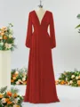 Unique A-line V-neck Long Sleeves Chiffon Bridesmaid Dress With Ruffles