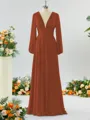 Unique A-line V-neck Long Sleeves Chiffon Bridesmaid Dress With Ruffles