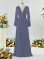 Unique A-line V-neck Long Sleeves Chiffon Bridesmaid Dress With Ruffles