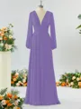 Unique A-line V-neck Long Sleeves Chiffon Bridesmaid Dress With Ruffles
