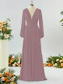 Unique A-line V-neck Long Sleeves Chiffon Bridesmaid Dress With Ruffles