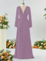 Unique A-line V-neck Long Sleeves Chiffon Bridesmaid Dress With Ruffles