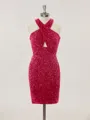 Sparkly Sheath/Column Halter Open Back Velvet Sequins Short/Mini Homecoming Dress