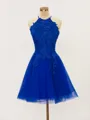 A-line Halter Elegant Tulle Short/Mini Homecoming Dress With Appliques Lace