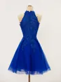 A-line Halter Elegant Tulle Short/Mini Homecoming Dress With Appliques Lace