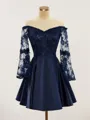A-line Trendy Off-the-Shoulder Long Sleeves Satin Short/Mini Homecoming Dress With Appliques Lace