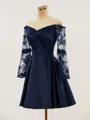 A-line Trendy Off-the-Shoulder Long Sleeves Satin Short/Mini Homecoming Dress With Appliques Lace