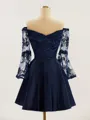 A-line Trendy Off-the-Shoulder Long Sleeves Satin Short/Mini Homecoming Dress With Appliques Lace