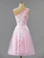 Charming A-line One-Shoulder Tulle Short/Mini Homecoming Dress With Appliques Lace
