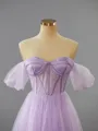 Flattering A-line Off-the-Shoulder Tulle Corset Tea-Length Homecoming Dress