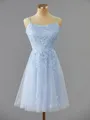 Chic A-line Spaghetti Straps Tulle Short/Mini Homecoming Dress With Appliques Lace