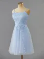 Chic A-line Spaghetti Straps Tulle Short/Mini Homecoming Dress With Appliques Lace