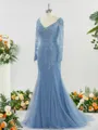 Elegant Sheath/Column V-neck Long Sleeves Sweep Train Tulle Mother of the Bride Dress With Applique