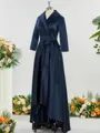 A-line Sophisticated V-neck Long Sleeves Asymmetrical Satin Mother of the Bride Dress With Sash
