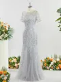 A-line Bateau Regal Short Sleeves Ankle-Length Tulle Mother of the Bride Dress With Sequin