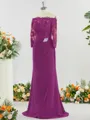 Sheath/Column Off-the-Shoulder Refined 3/4 Sleeves Sweep Train Chiffon Mother of the Bride Dress With Applique
