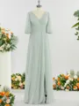 A-line Flattering V-neck 1/2 Sleeves Floor-Length Chiffon Mother of the Bride Dress With Pleated