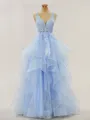 A-line Princess V-Neck Floor-Length Tulle Prom Dress With Appliques Lace