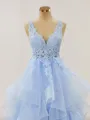 A-line Princess V-Neck Floor-Length Tulle Prom Dress With Appliques Lace