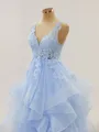 A-line Princess V-Neck Floor-Length Tulle Prom Dress With Appliques Lace