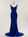 Sparkly Sheath/Column V-Neck Court Train Velvet Sequins Prom Dress With Slit